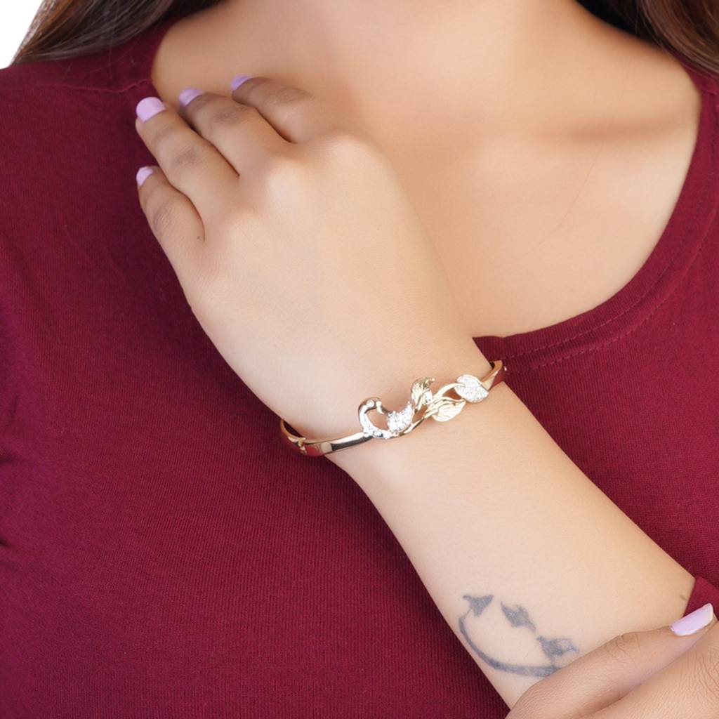 Estele Gold & Rhodium Plated Peacock Designer Kada Bracelet With White Crystals For Girls & Women : 101915BR