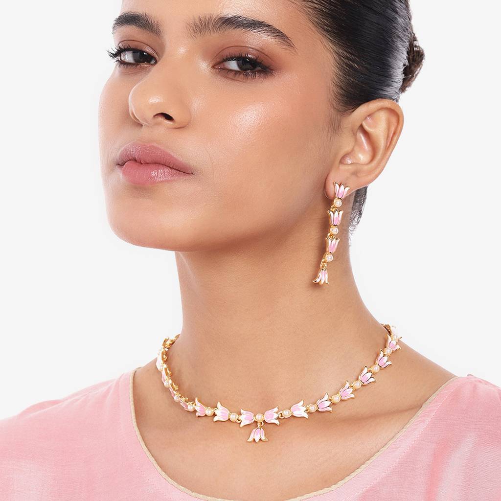 Estele Gold Plated Vintage Lotus Designer Pearl Studded Necklace Set With Pink Enamel For Girl'S & Women : 10194-IGNKER