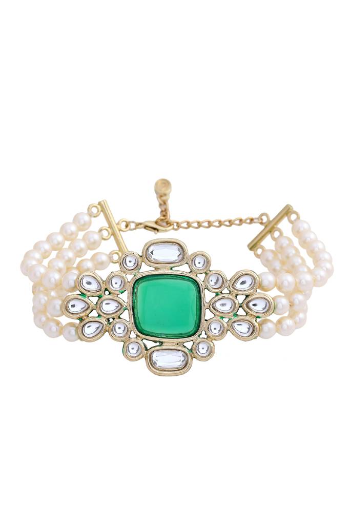 Estele Gold Plated Traditional 3 String Royal Emerald Pearl Kundan Bracelet For Women : 101974-IGBR