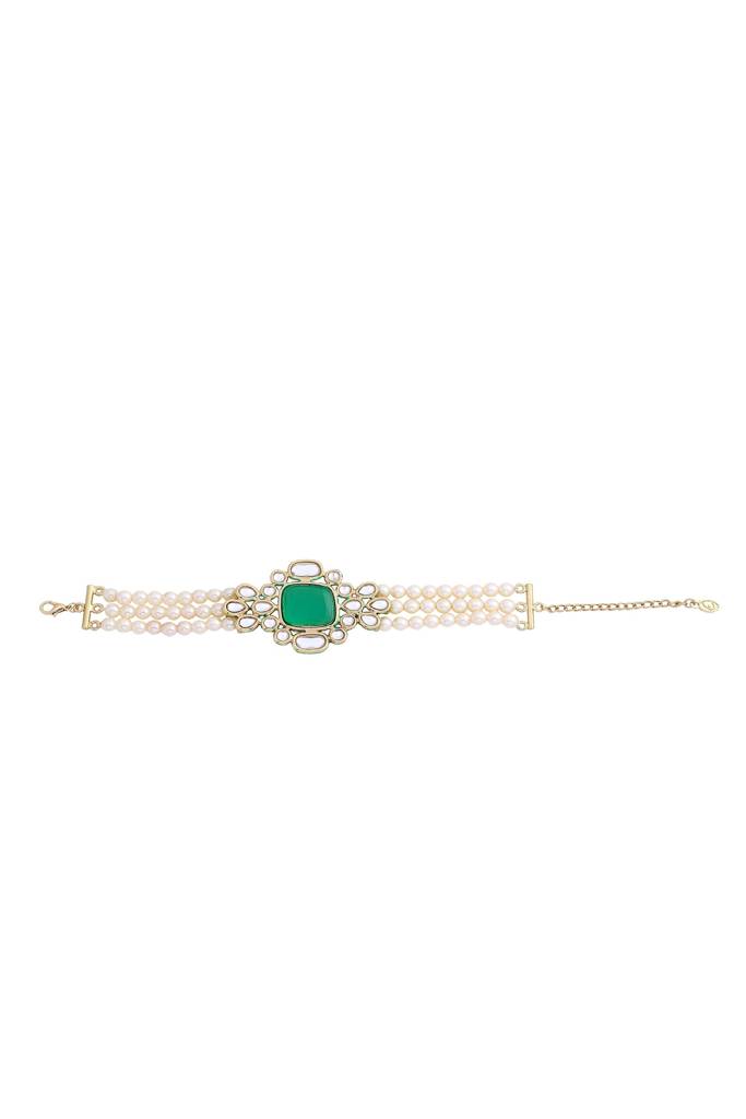 Estele Gold Plated Traditional 3 String Royal Emerald Pearl Kundan Bracelet For Women : 101974-IGBR