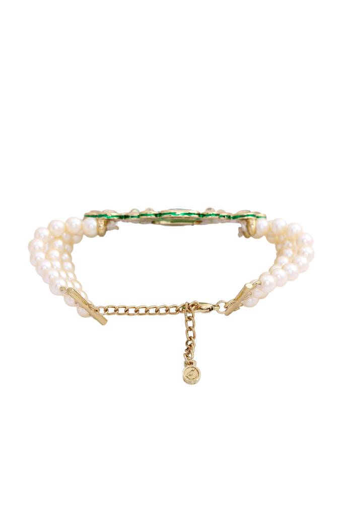 Estele Gold Plated Traditional 3 String Royal Emerald Pearl Kundan Bracelet For Women : 101974-IGBR