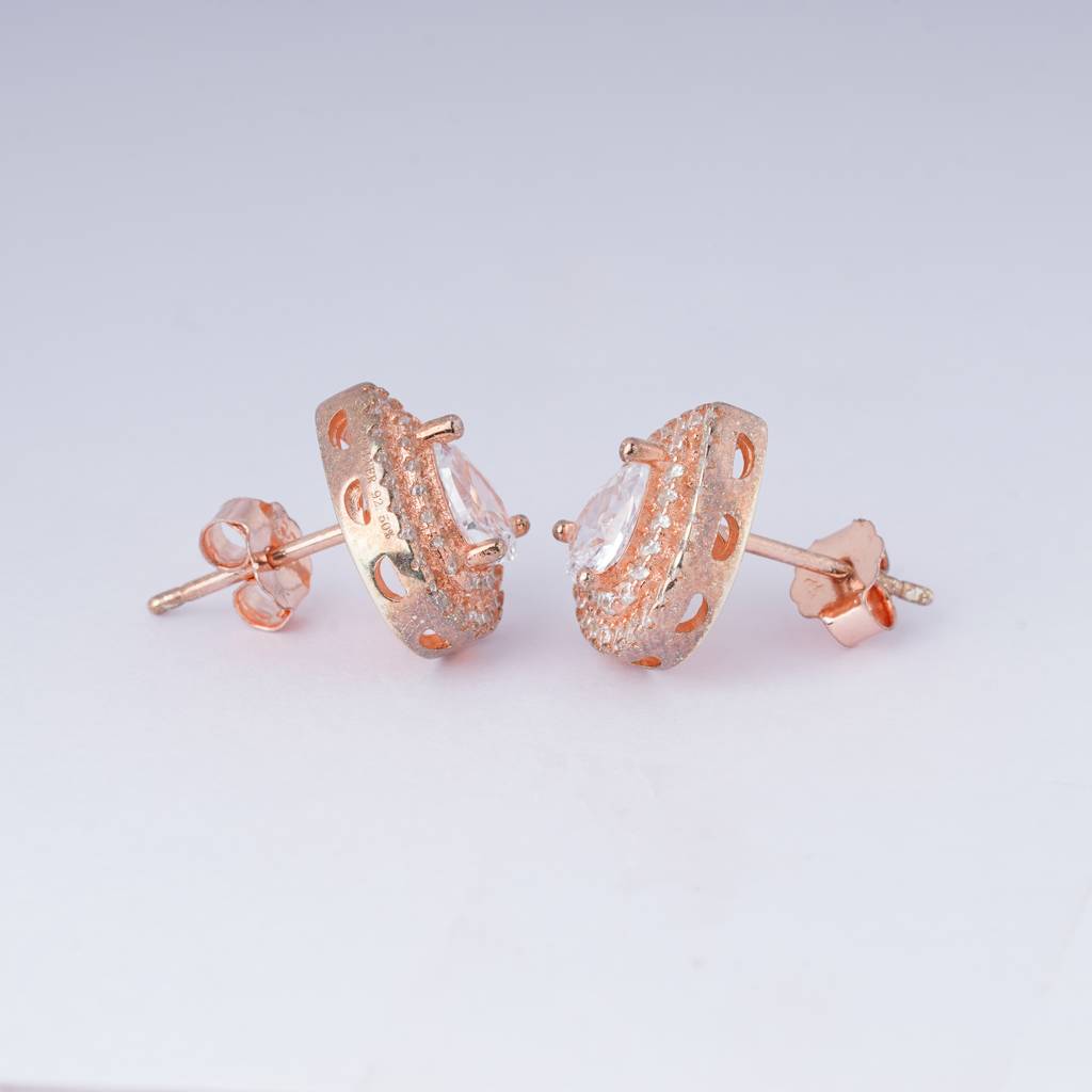 925 Sterling Silver Rose Gold Almond Shape Studs |Halo Silver Earrings : TWP1042