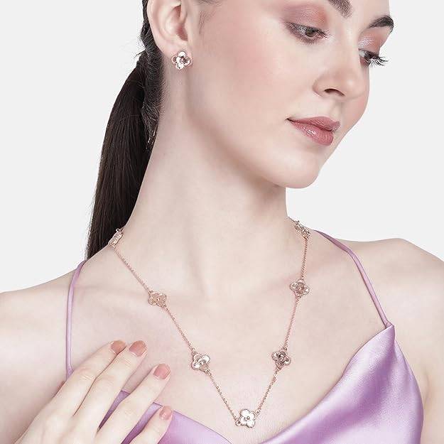 Estele Rosegold Plated Four Leaf Clover Design Pendant Necklace With Earrings For Women : 10203-RGNKER