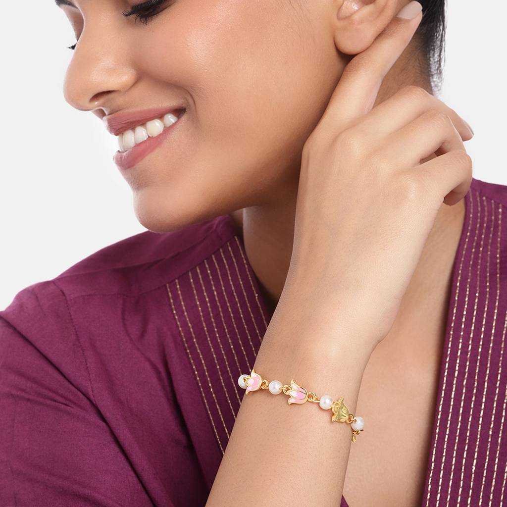 Estele Gold Plated Elegant Lotus Designer Adjustable Link Bracelet With Pearls & Pink Enamel For Girl'S & Women : 102175-IGBR