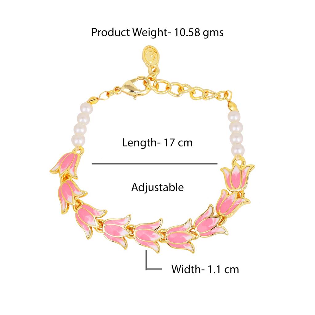 Estele Gold Plated Exquisite Lotus Designer Adjustable Link Bracelet With Pearls & Pink Enamel For Girl'S & Women : 102177-IGBR