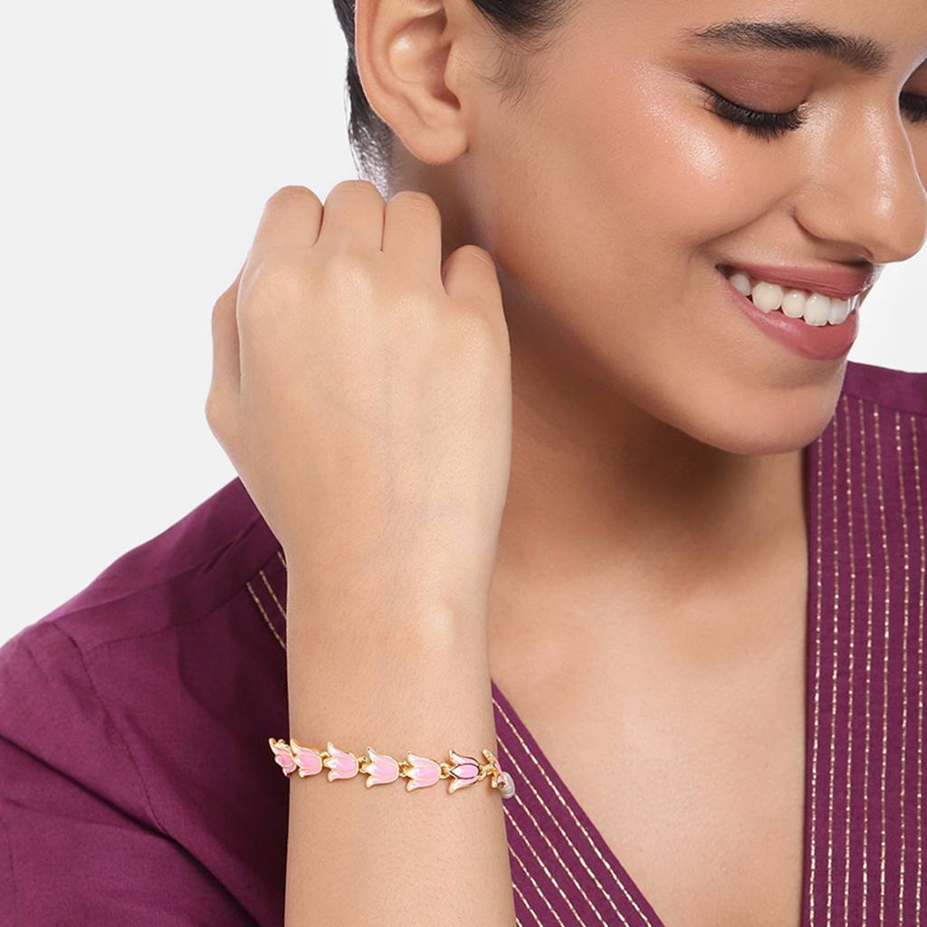Estele Gold Plated Exquisite Lotus Designer Adjustable Link Bracelet With Pearls & Pink Enamel For Girl'S & Women : 102177-IGBR
