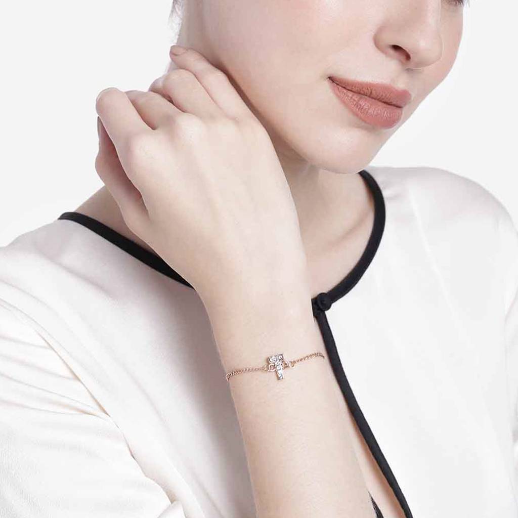 Estele Rosegold Plated Captivating Medium 'T' Letter Bracelet With Crystals For Women : 102178-RG-TBR