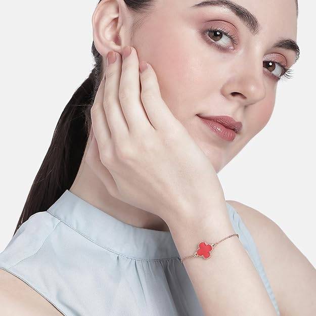 Estele Rosegold Plated Trendy Red Clover Leafy Style Adjustable Charm Bracelet For Women : 102182-RGRDBR