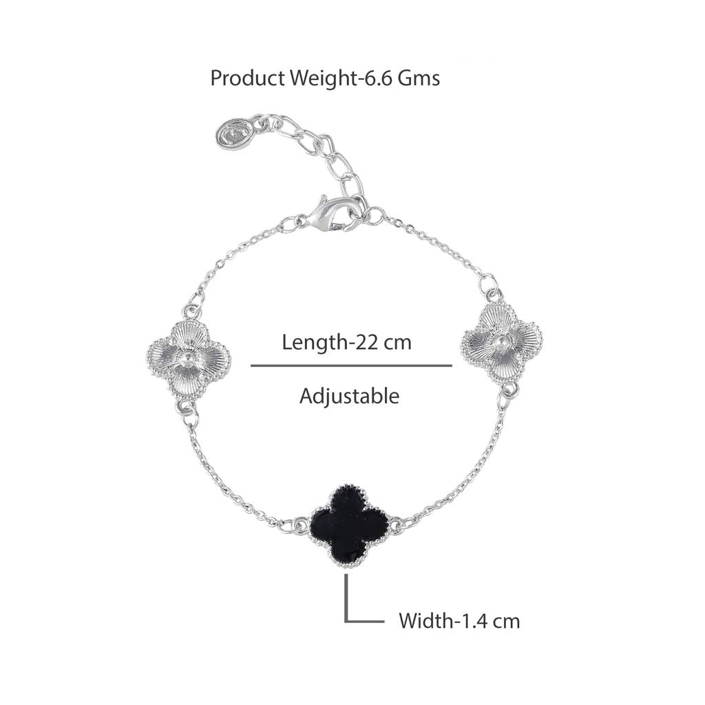 Estele Rhodium Plated Trendy Black Clover Leafy Style Adjustable Charm Bracelet For Women : 102183-IRBKBR
