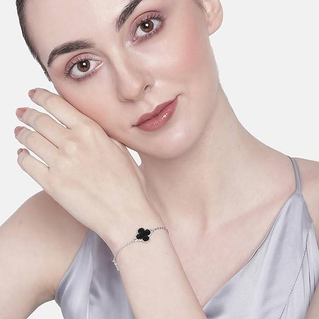 Estele Rhodium Plated Trendy Black Clover Leafy Style Adjustable Charm Bracelet For Women : 102183-IRBKBR