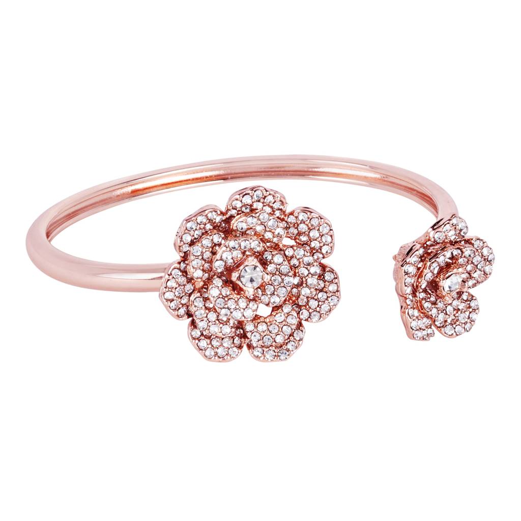 Modern Rose Motif Cuff Bracelet: Stylish Rosegold Plated With Floral Charms For Women : 102197-RGWEBR