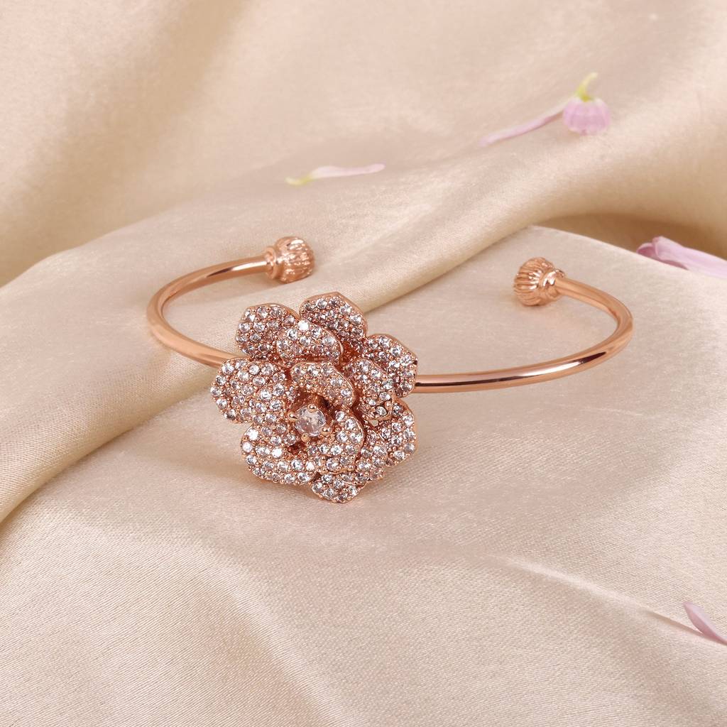 Trendy Rose Motif Cuff Bracelet For Women: Premium Rosegold Plated With Floral Detailing : 102201-RGWEBR