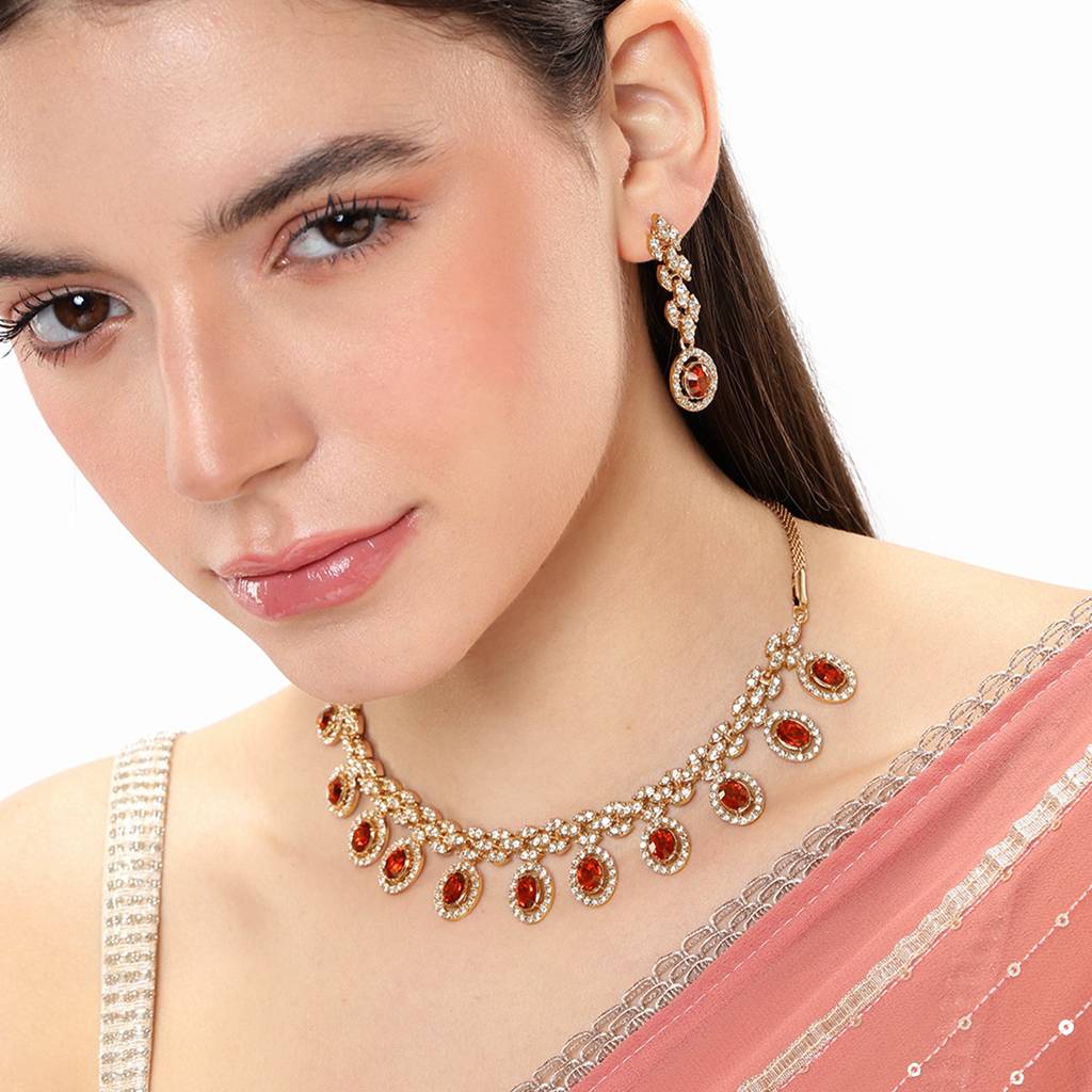 Graceful Lightweight Ruby American Diamond Necklace Set With Glittering Rosegold Finish : 10234-RGRBNKER