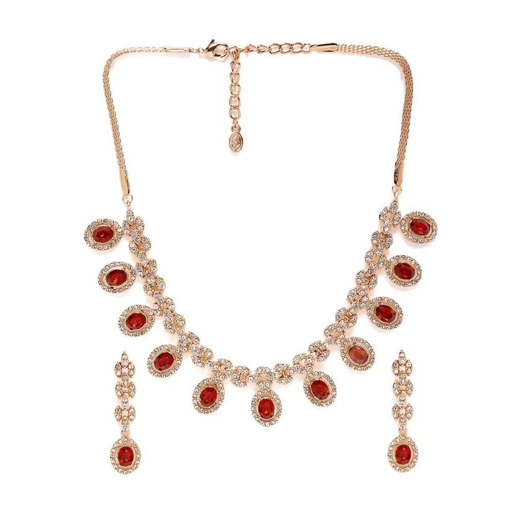 Graceful Lightweight Ruby American Diamond Necklace Set With Glittering Rosegold Finish : 10234-RGRBNKER