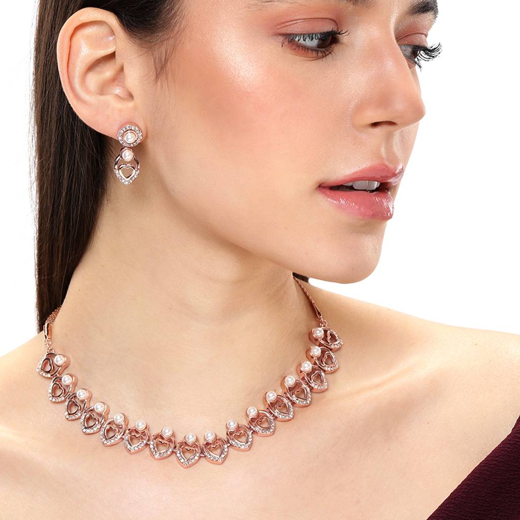 Stunning Lightweight White American Diamond Heart Design Necklace Set With Radiant Rosegold Finish : 10235-RGNKER