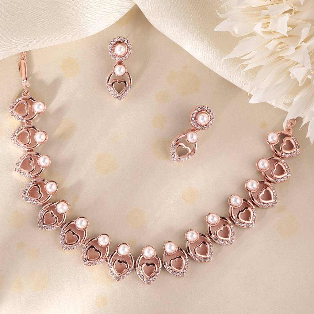 Stunning Lightweight White American Diamond Heart Design Necklace Set With Radiant Rosegold Finish : 10235-RGNKER