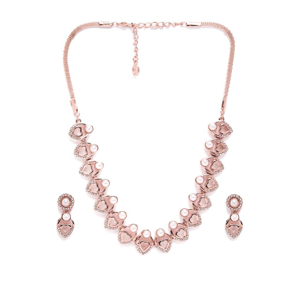 Stunning Lightweight White American Diamond Heart Design Necklace Set With Radiant Rosegold Finish : 10235-RGNKER