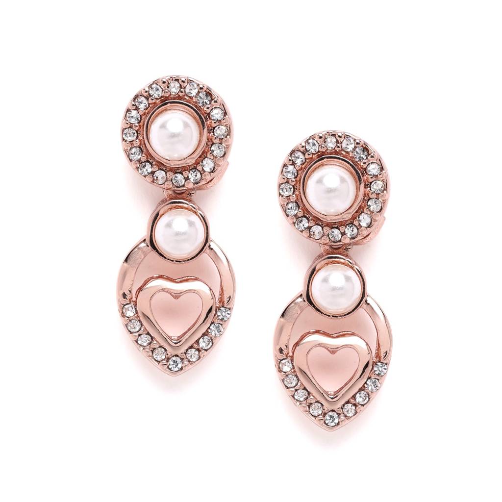 Stunning Lightweight White American Diamond Heart Design Necklace Set With Radiant Rosegold Finish : 10235-RGNKER