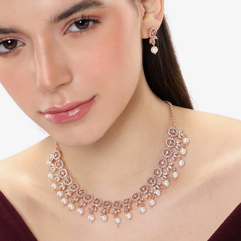 Premium Lightweight American Diamond Necklace Set With Luxurious Rosegold Finish : 10236-RGNKER