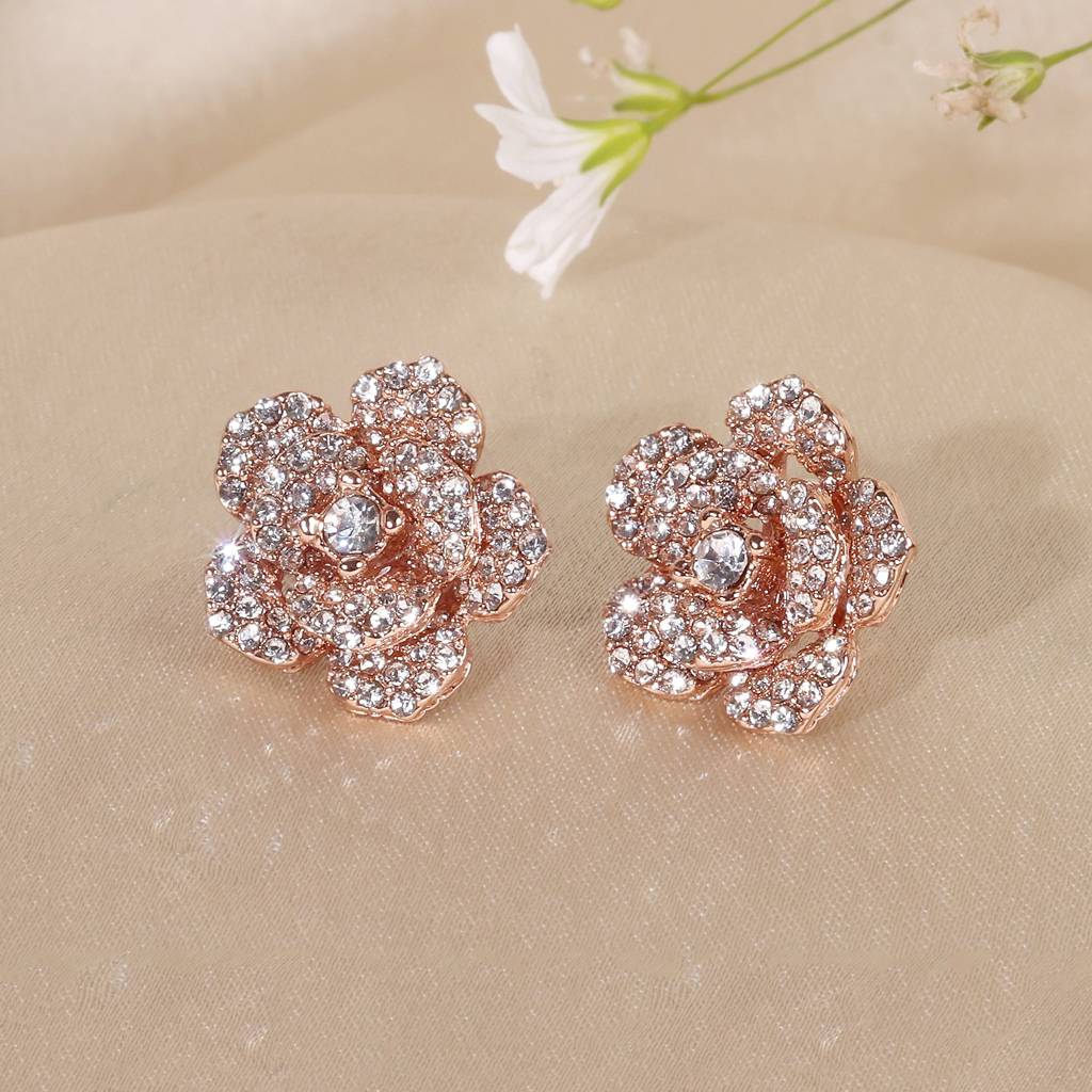 Flower Stud Rose Gold Diamante Stud Earrings Premium Rosegold
