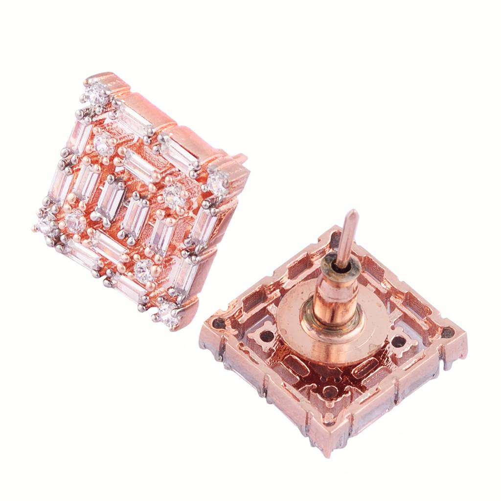 Saraf Jewellery, Rose Gold With White American Diamond Studded Handcrafted Square Ear Ring : SJ1026