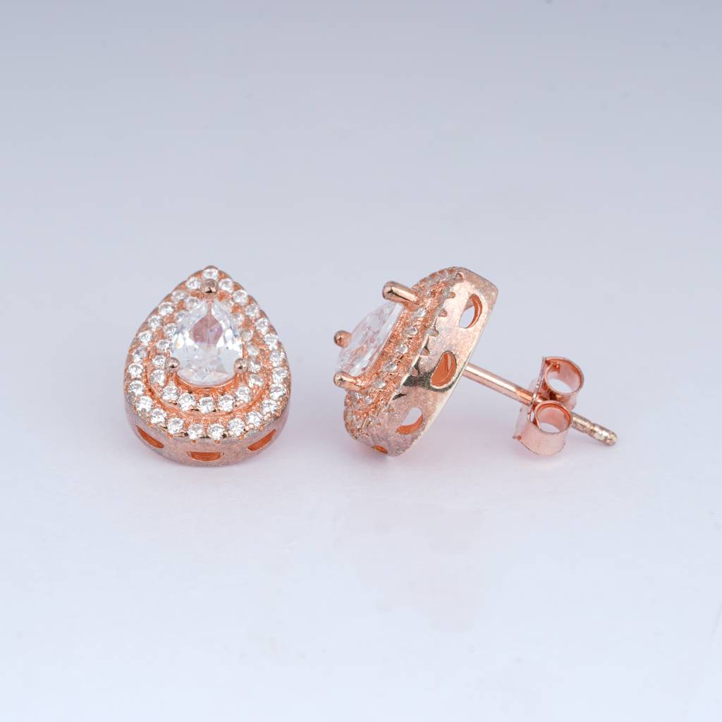 925 Sterling Silver Rose Gold Almond Shape Studs |Halo Silver Earrings : TWP1042