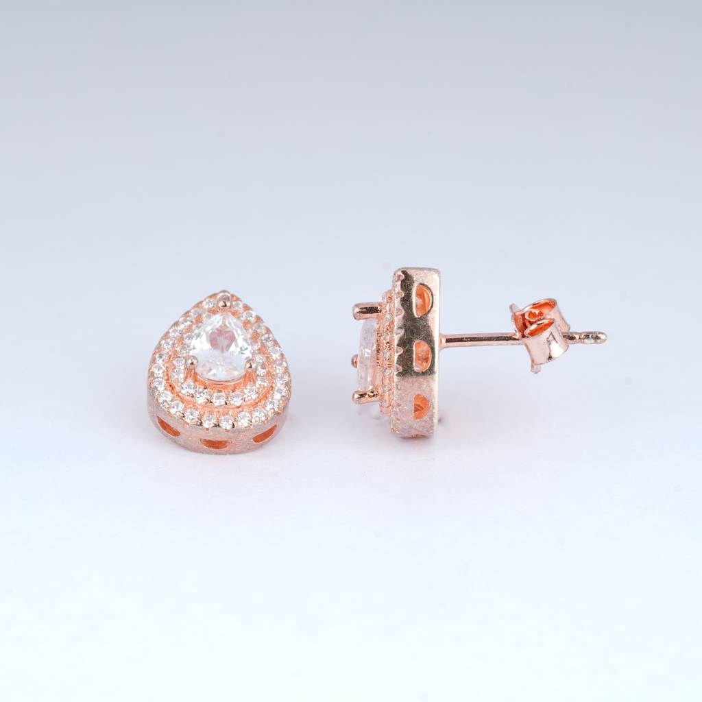 925 Sterling Silver Rose Gold Almond Shape Studs |Halo Silver Earrings : TWP1042