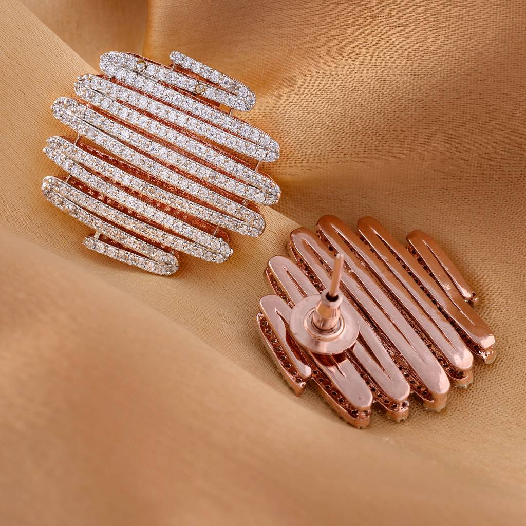 Saraf Jewellery, Rose Gold With White American Diamond Studded Handcrafted Designer Ear Ring : SJ1044