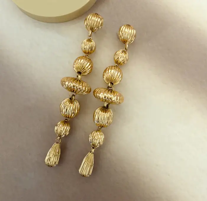 Tfc Vortex Disc Gold Beaded Shoulder Duster Dangler Earrings : 10466