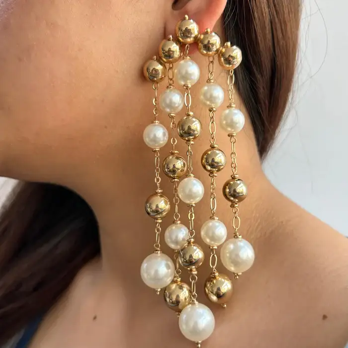 Tfc Vortex Bold Bead And Pearl Waterfall Gold Plated Dangler Earrings : 10479