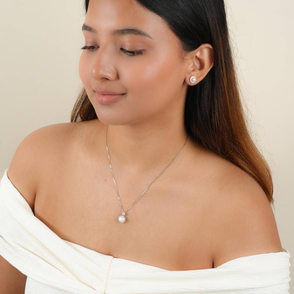 Full Moon: 925 Sterling Silver & Pearl Set For Women : 1051SET