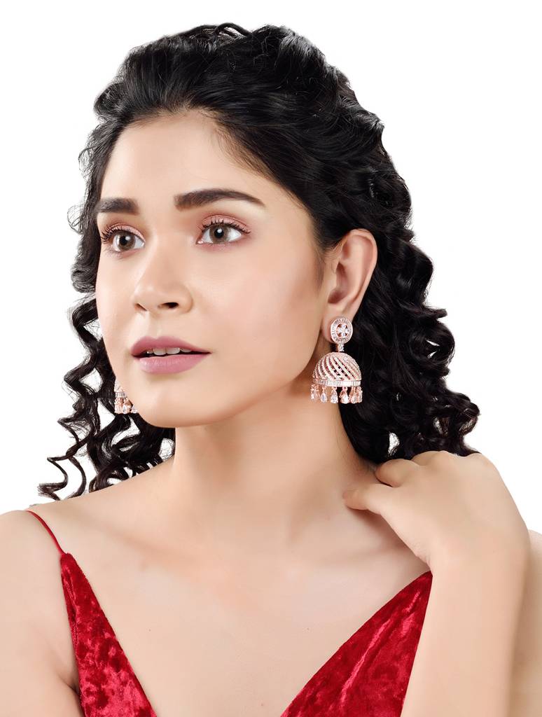 Saraf Jewellery  Rose Gold Plated With American Diamond Studded Handcrafted Dome Shaped Jhumka For Women & Girls : SJER1058