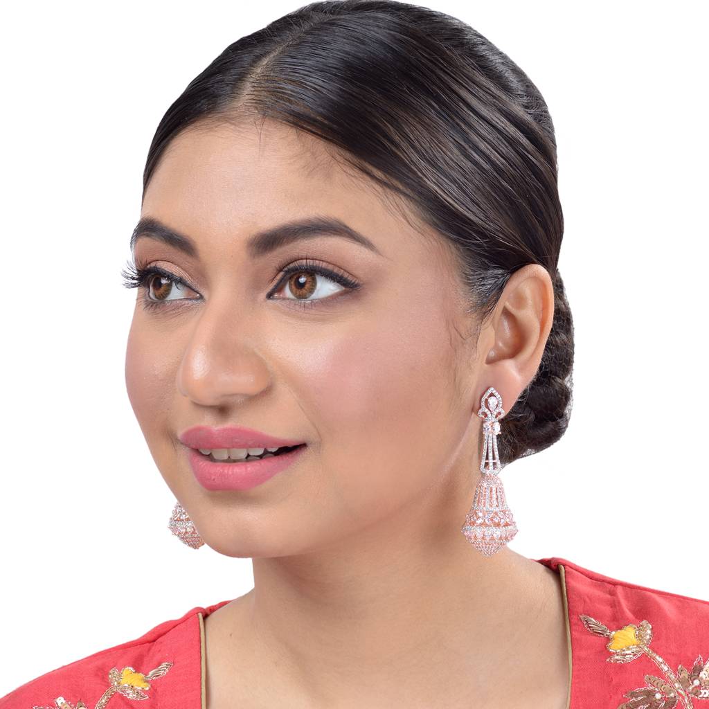 Saraf Jewellery  Rose Gold Plated With White American Diamond Studded Handcrafted Bell Shaped Jhumka For Women & Gi : SJER1060