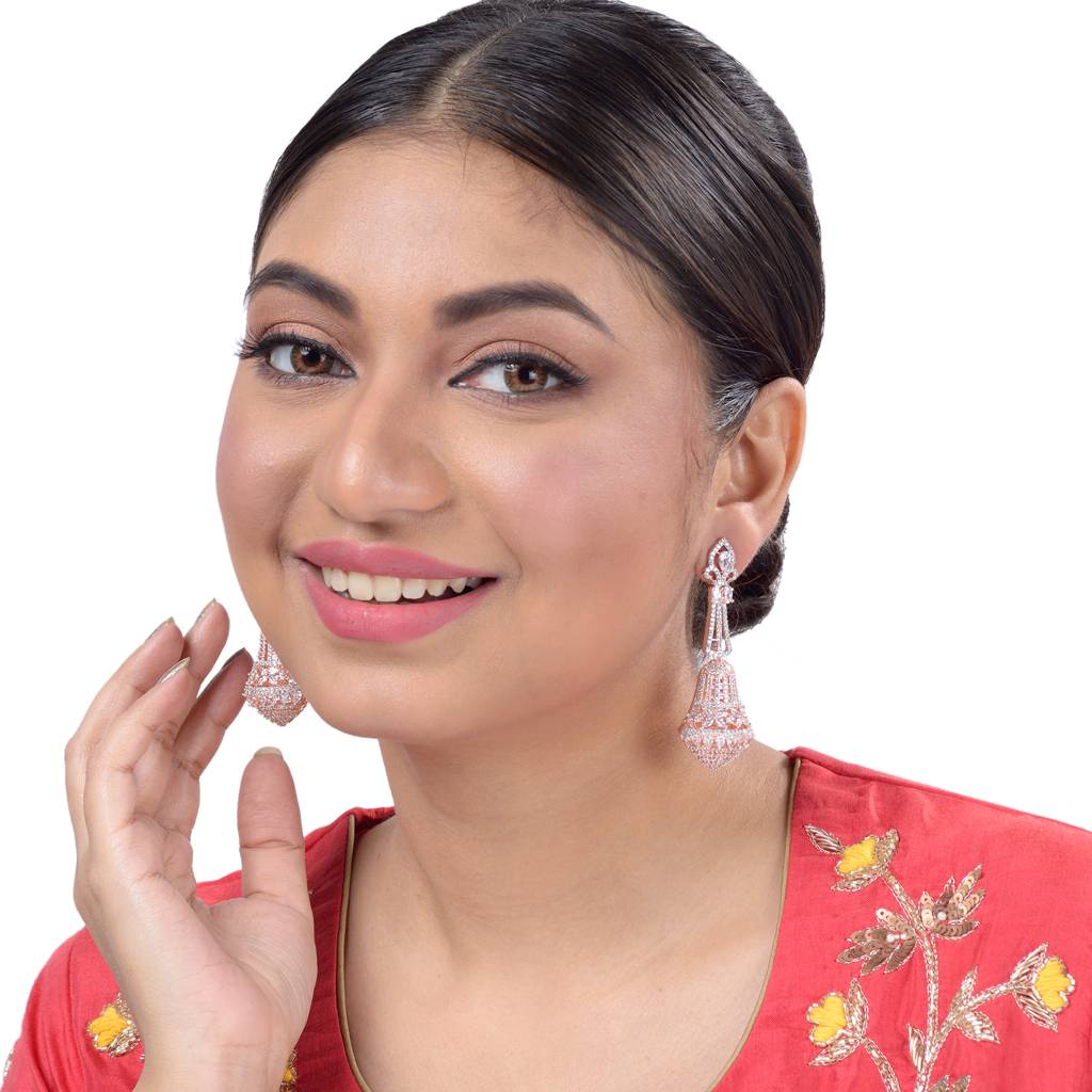 Saraf Jewellery  Rose Gold Plated With White American Diamond Studded Handcrafted Bell Shaped Jhumka For Women & Gi : SJER1060