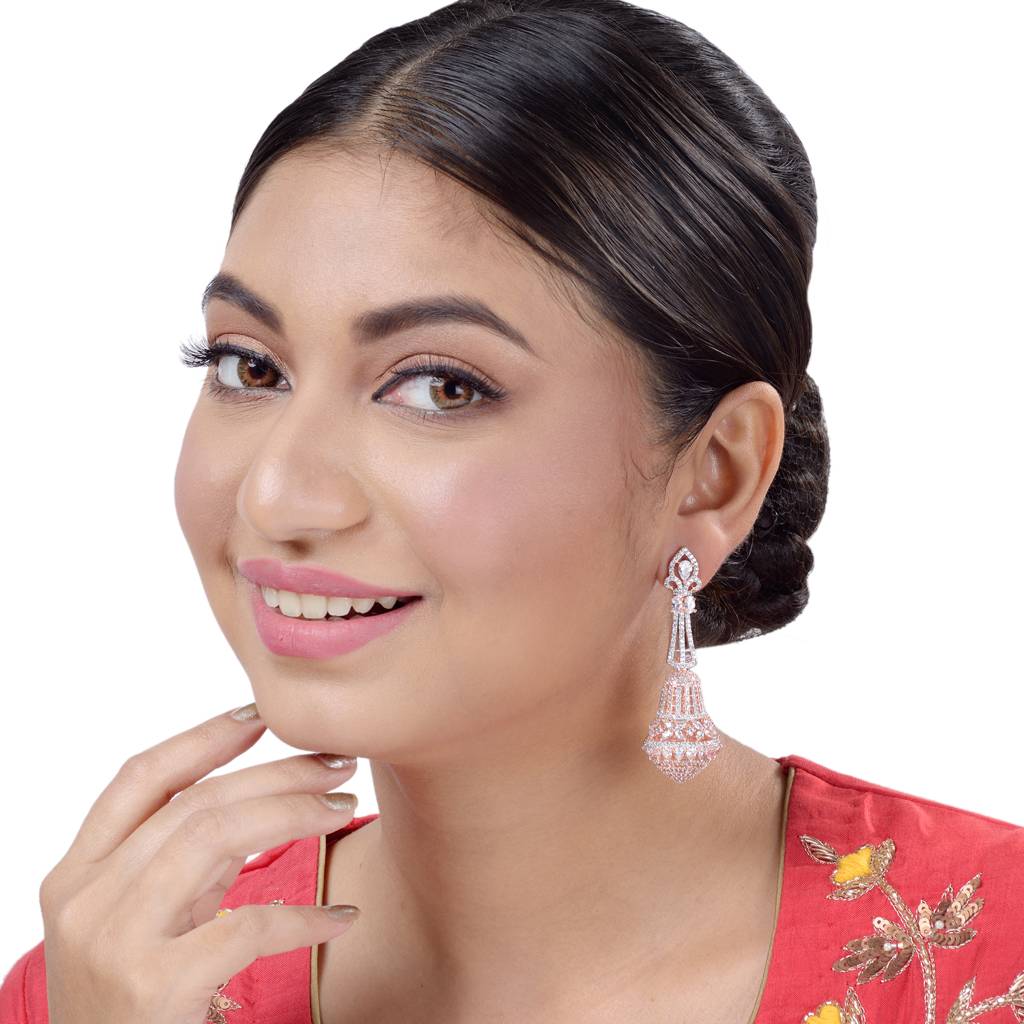Saraf Jewellery  Rose Gold Plated With White American Diamond Studded Handcrafted Bell Shaped Jhumka For Women & Gi : SJER1060
