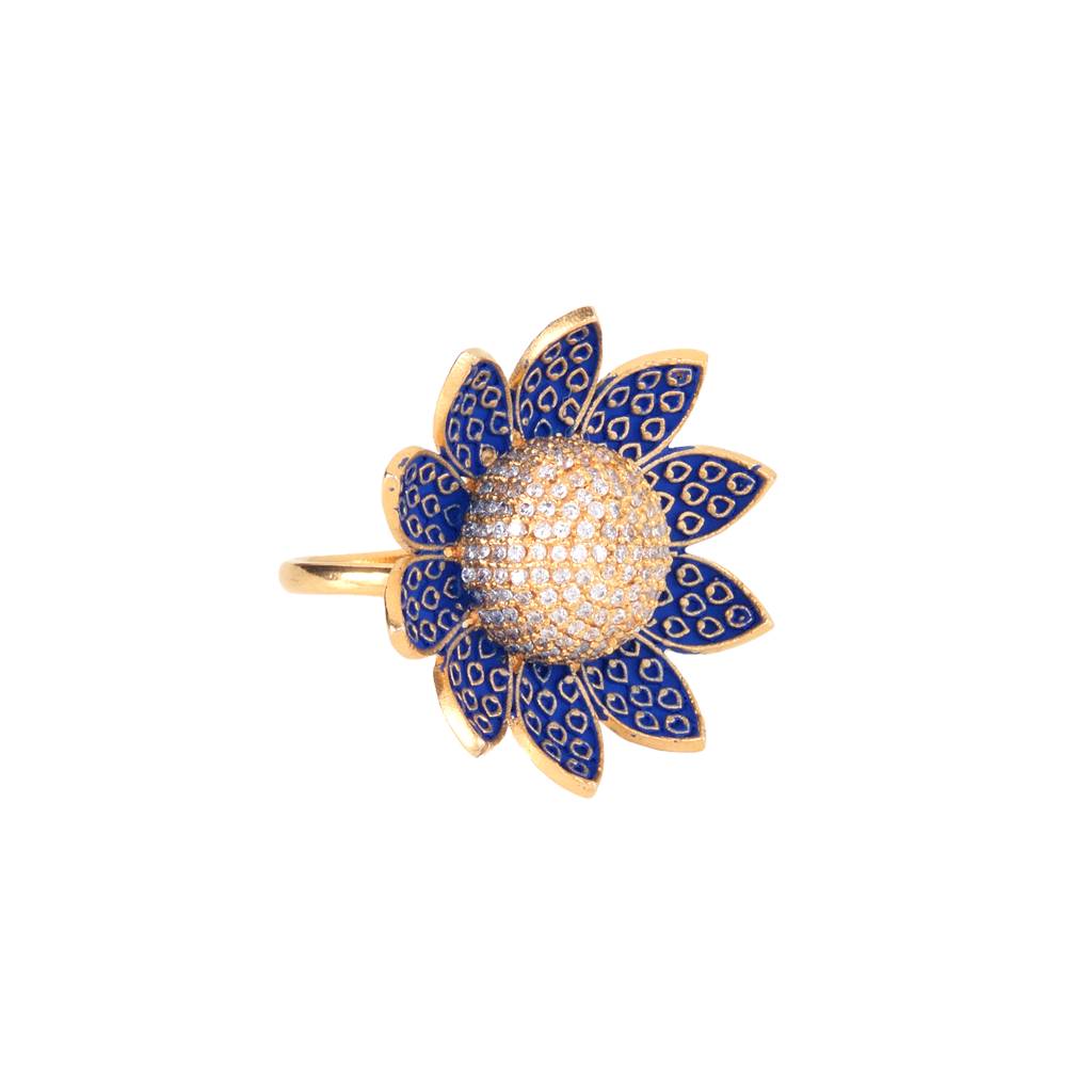 Saraf Jewellery Gold Plated With Blue Colouramerican Diamond Studded Handcrafted Adjustable Flower Ring For Women & : SJRG1068