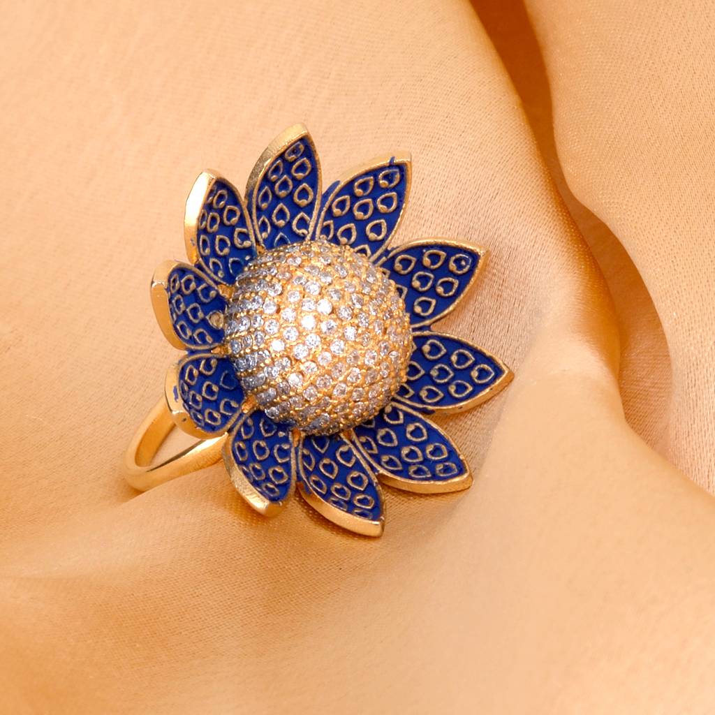 Saraf Jewellery Gold Plated With Blue Colouramerican Diamond Studded Handcrafted Adjustable Flower Ring For Women & : SJRG1068