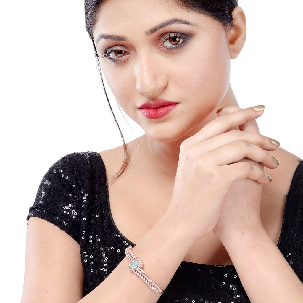 Saraf Jewellery,Rose Gold Plated Mint American Diamond Handcrafted Bracelet For Women & Girls : SJBR1078