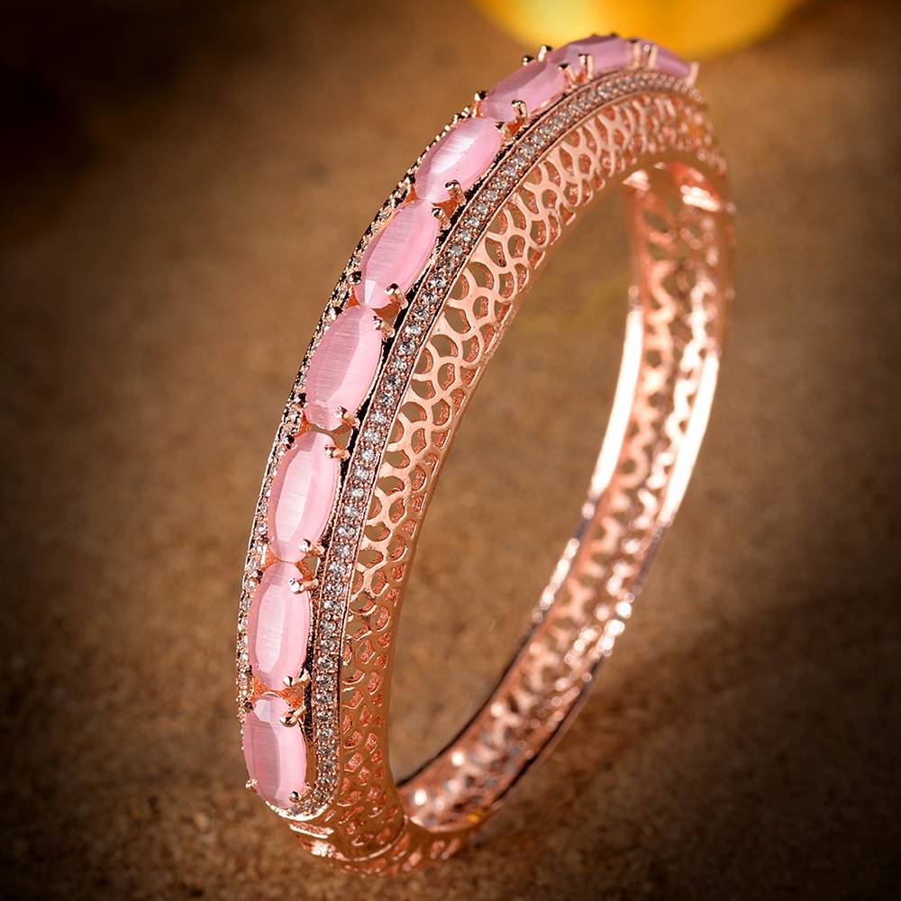 Saraf Jewellery,Rose Gold Plated Pink American Diamond Stylish Handcrafted Bracelet For Women & Girls : SJBR1082