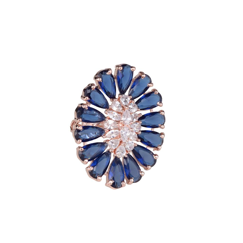 Sapphire And Ad Encrusted Floral Ring Blue Diamond Handcrafted Adjustable : SJRG1086