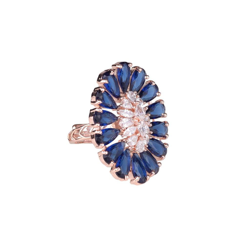 Sapphire And Ad Encrusted Floral Ring Blue Diamond Handcrafted Adjustable : SJRG1086