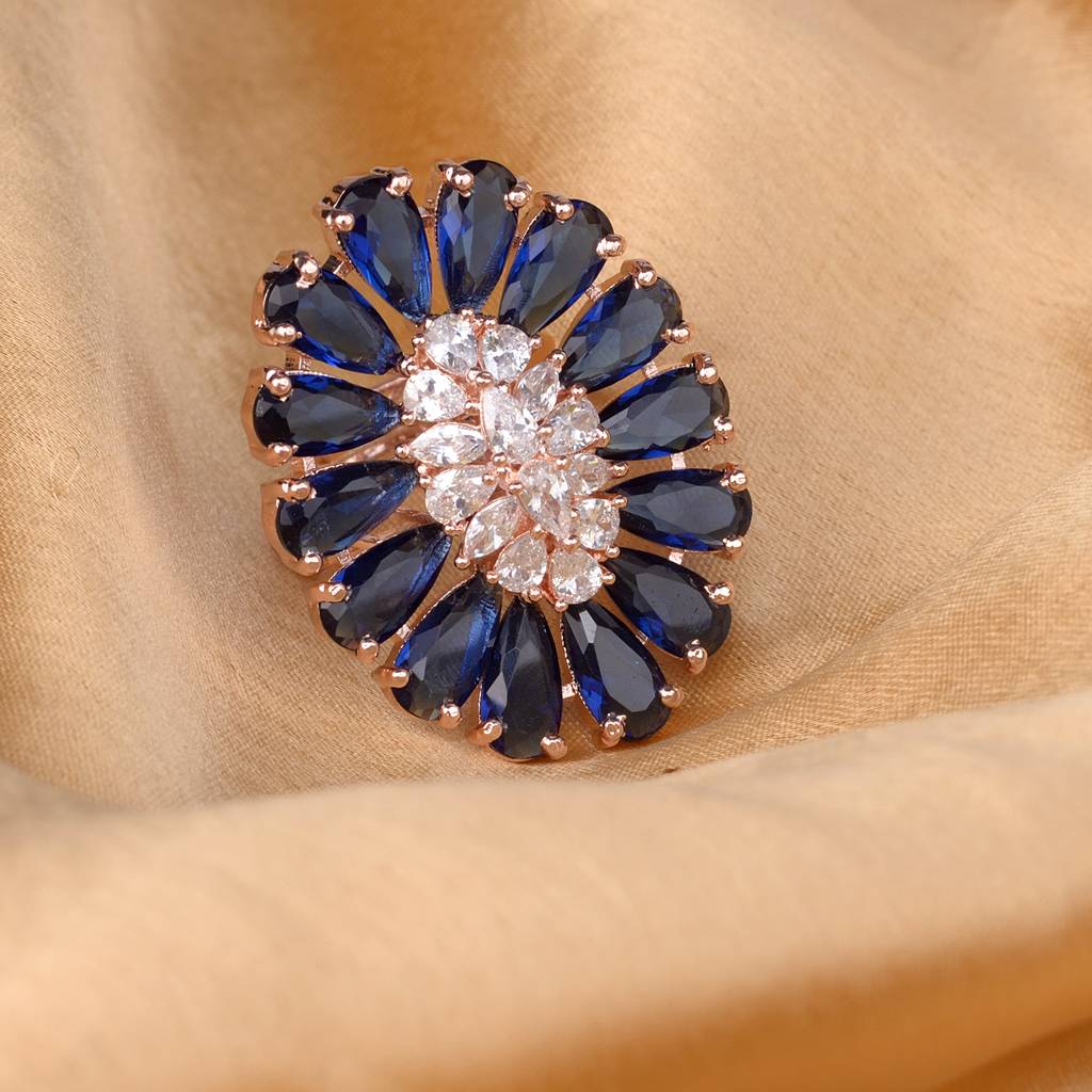 Sapphire And Ad Encrusted Floral Ring Blue Diamond Handcrafted Adjustable : SJRG1086