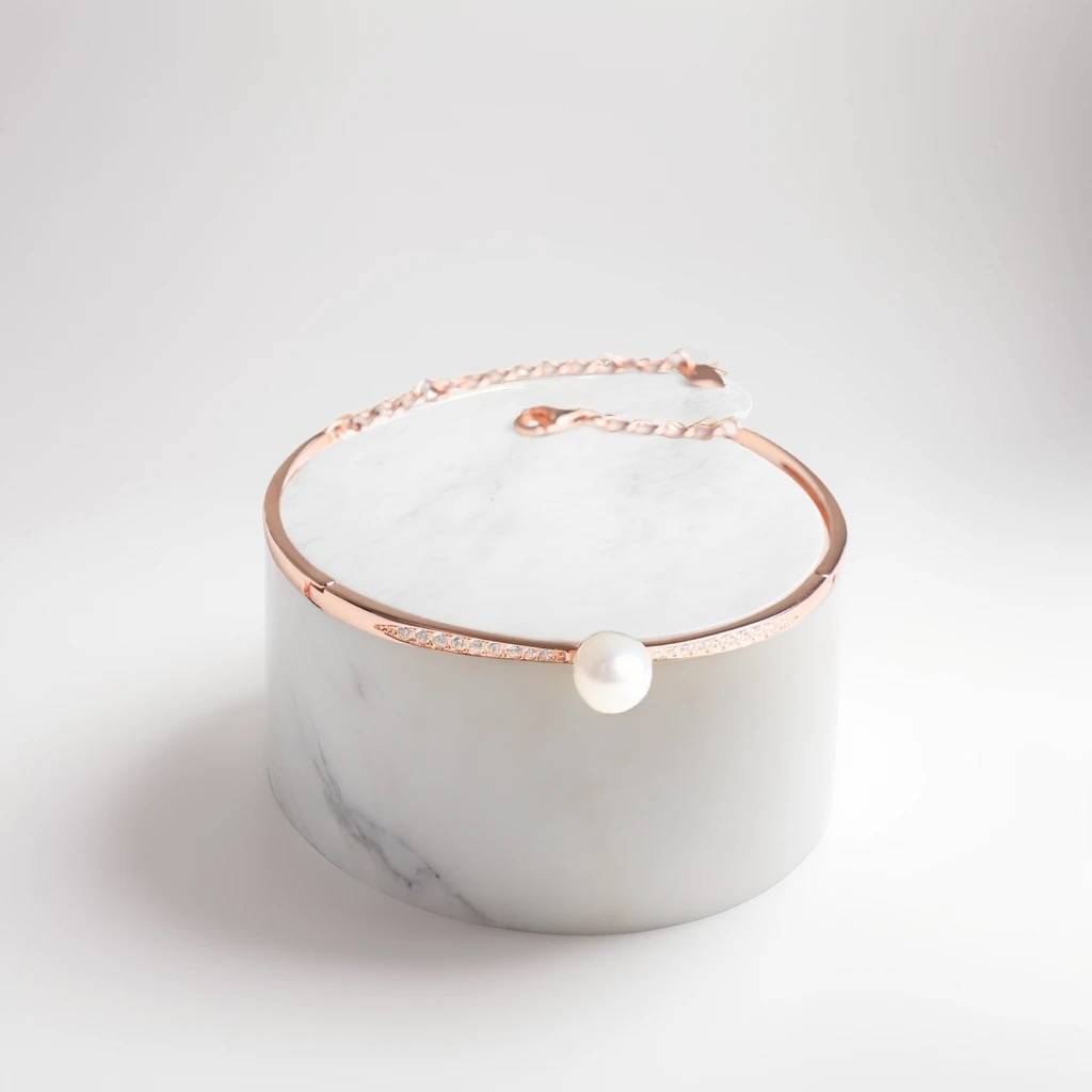 Solene: 92.5 Silver Pearl Kada Bracelet For Women - Rose Gold : 1086BR