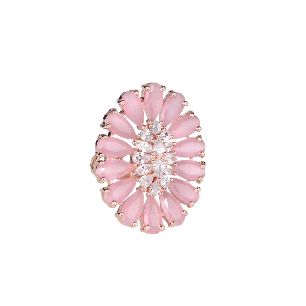 Rose Quartz And Ad Encrusted Floral Ring Baby Pink Pastel Diamond Handcrafted Adjustable : SJRG1087