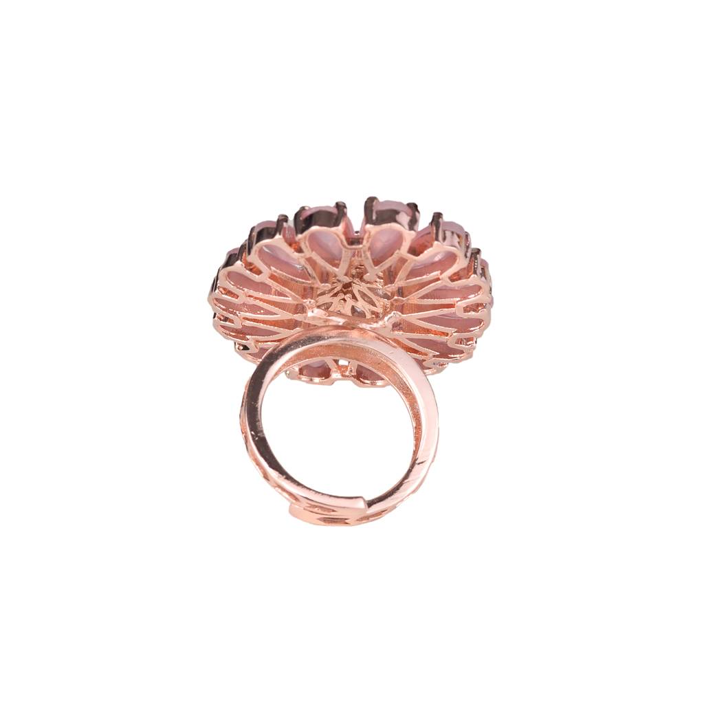 Rose Quartz And Ad Encrusted Floral Ring Baby Pink Pastel Diamond Handcrafted Adjustable : SJRG1087