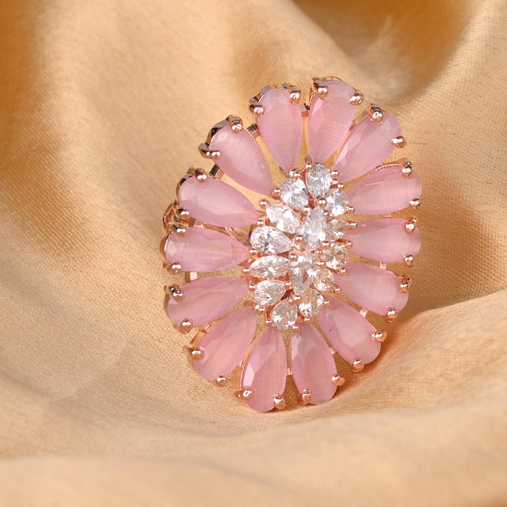 Rose Quartz And Ad Encrusted Floral Ring Baby Pink Pastel Diamond Handcrafted Adjustable : SJRG1087