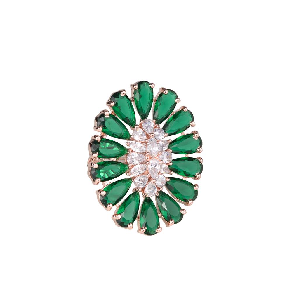 Emerald And Ad Encrusted Floral Ring Green Diamond Handcrafted Adjustable : SJRG1089