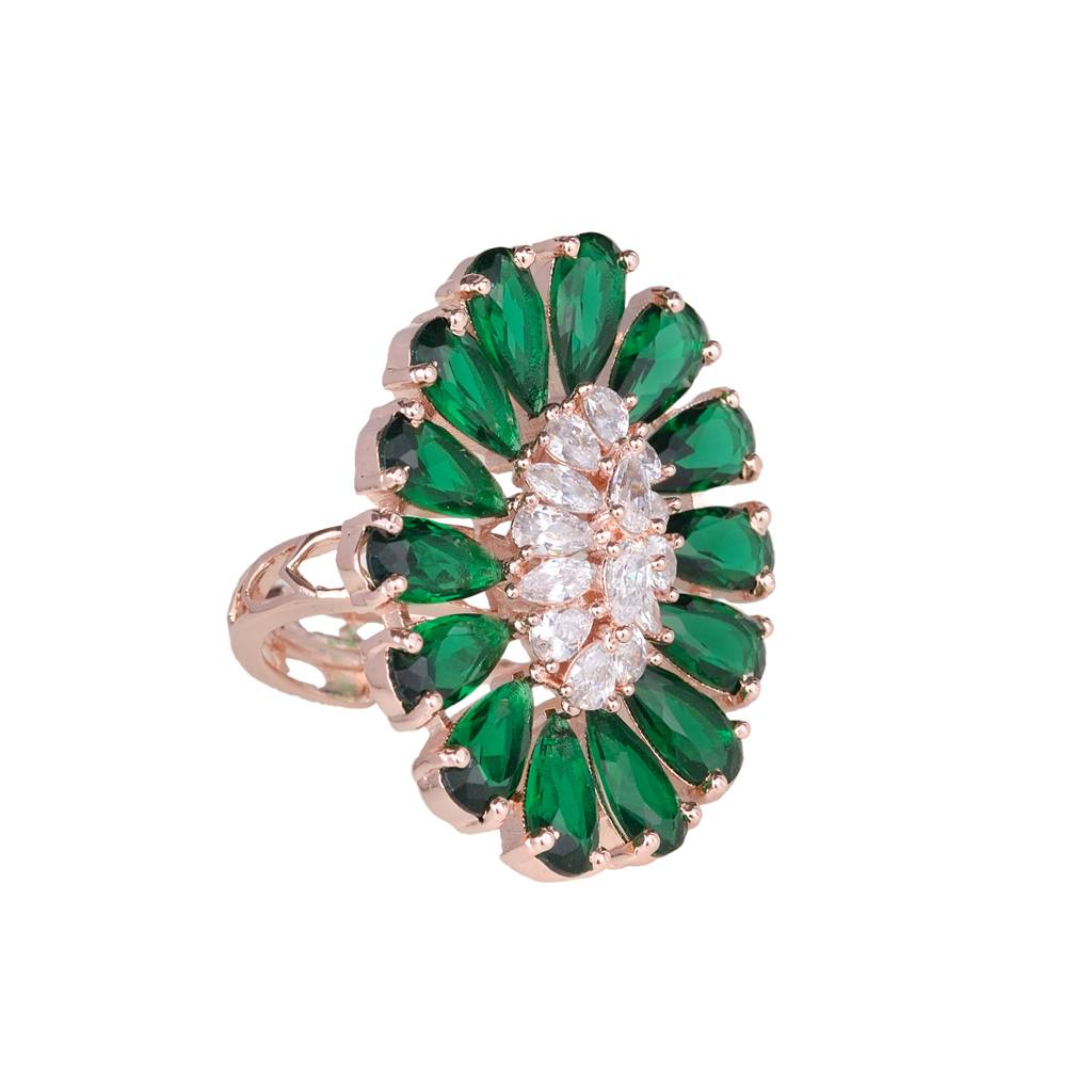 Emerald And Ad Encrusted Floral Ring Green Diamond Handcrafted Adjustable : SJRG1089