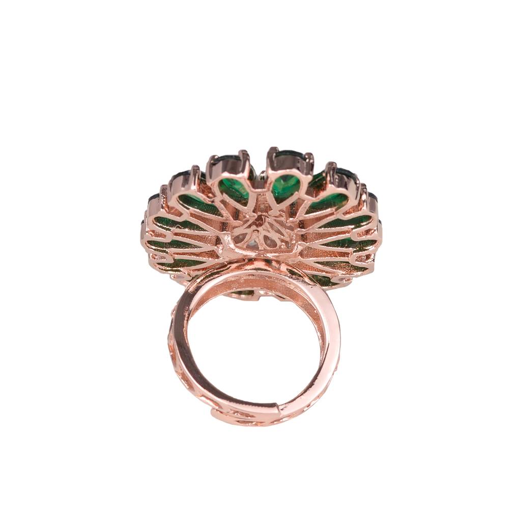 Emerald And Ad Encrusted Floral Ring Green Diamond Handcrafted Adjustable : SJRG1089