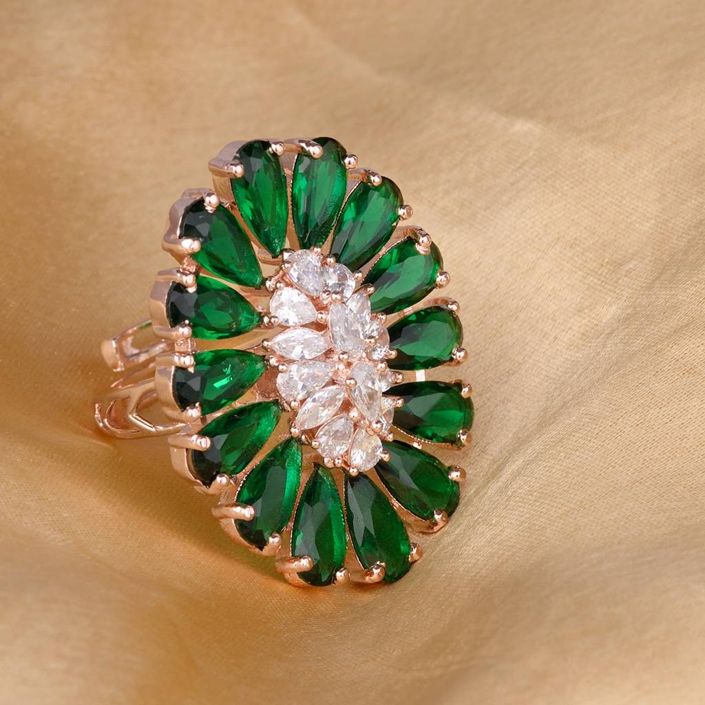 Emerald And Ad Encrusted Floral Ring Green Diamond Handcrafted Adjustable : SJRG1089